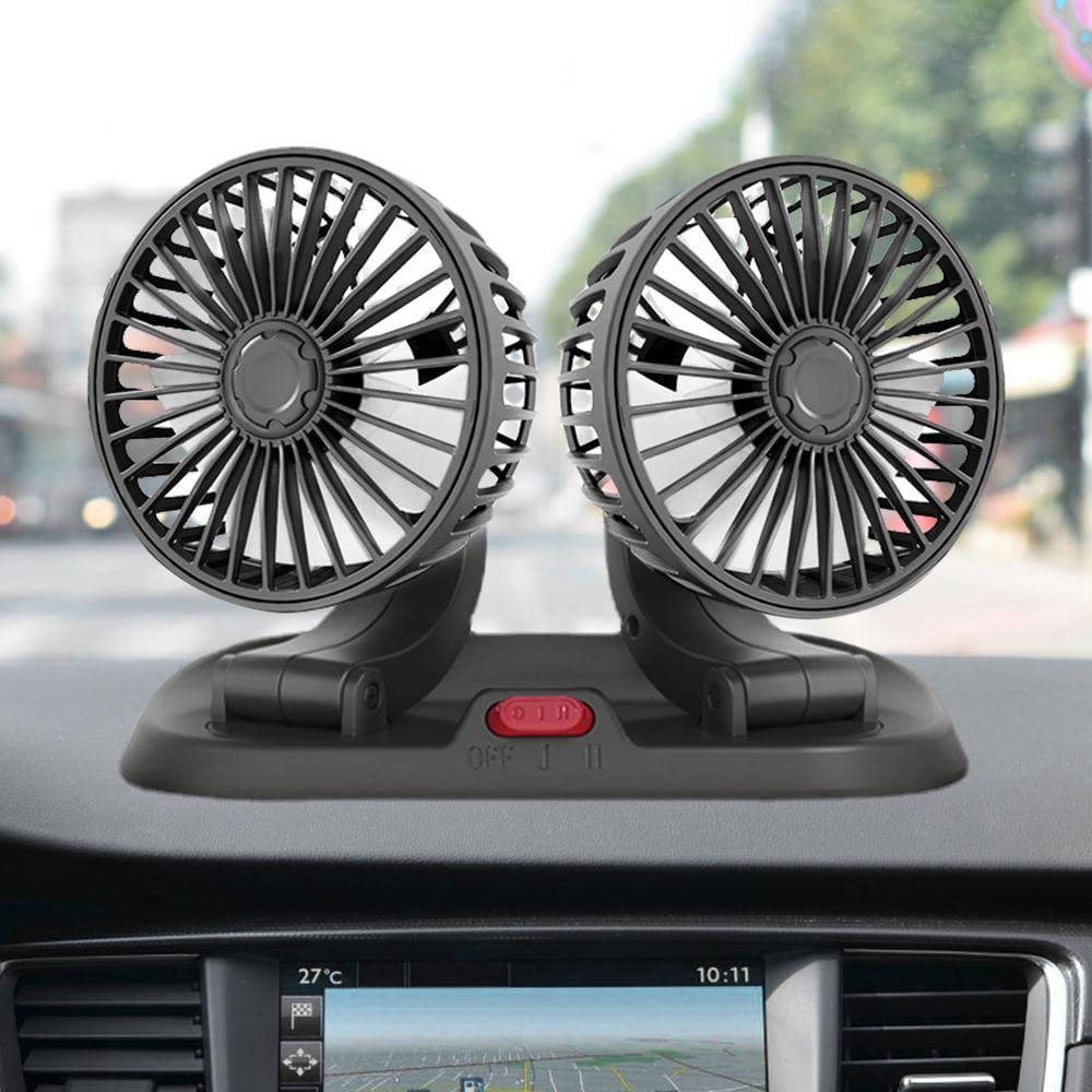 Potauto Double Head Car Fan, 12V 360 Degree Adjustable Small Size 2 Speed Cooling all Vehicle Fan - CPAFNTW12V716